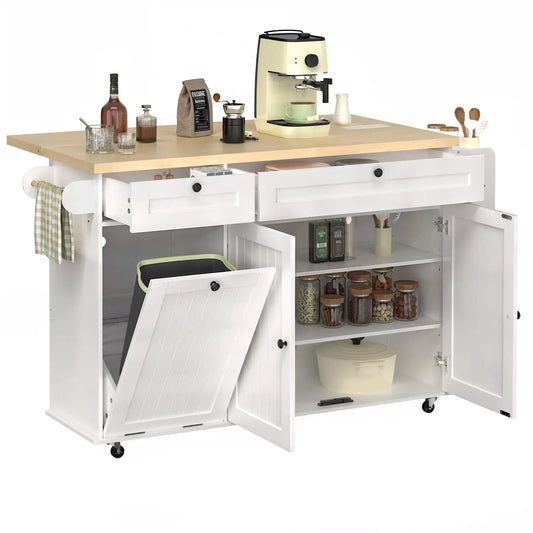60" Mobile Kitchen Islands Rolling Table Drop Leaf with Power Outlet Spice Towel Rack Trash