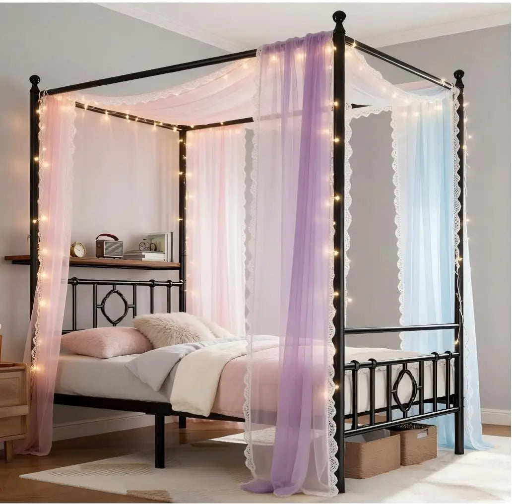 Canopy Bed Frame with Storage Headboard Metal Platform Bed