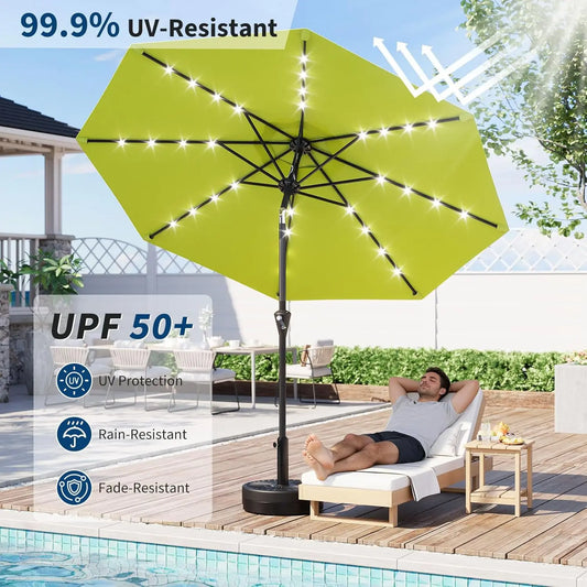 9FT Solar Patio Umbrella with 32 LED Lights - Outdoor Table Umbrella with Crank Lift, Push Button Tilt and 8 Sturdy Ribs