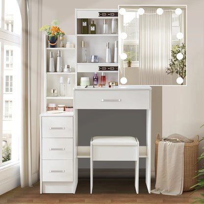 Modern White Dressing Table Stool Set with 3-Color Adjustable LED Light Mirror 4 Drawers.