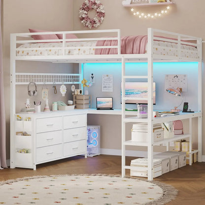 ADORNEVE Loft Bed Full Size with U-Shaped Desk, 6 Storage Drawers, Power Outlet, LED Metal with 2 Storage Shelves
