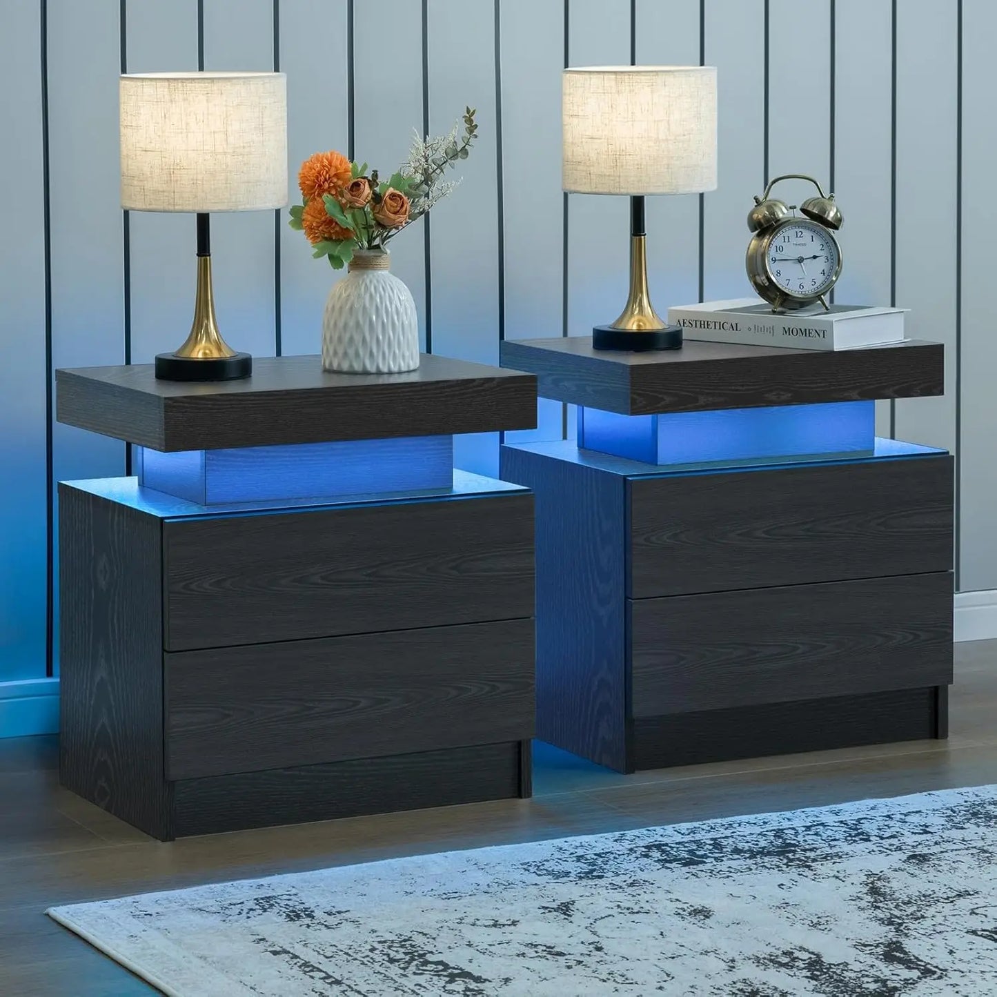 Set of 2 LED Nightstand with 2 Drawers, with LED Lights