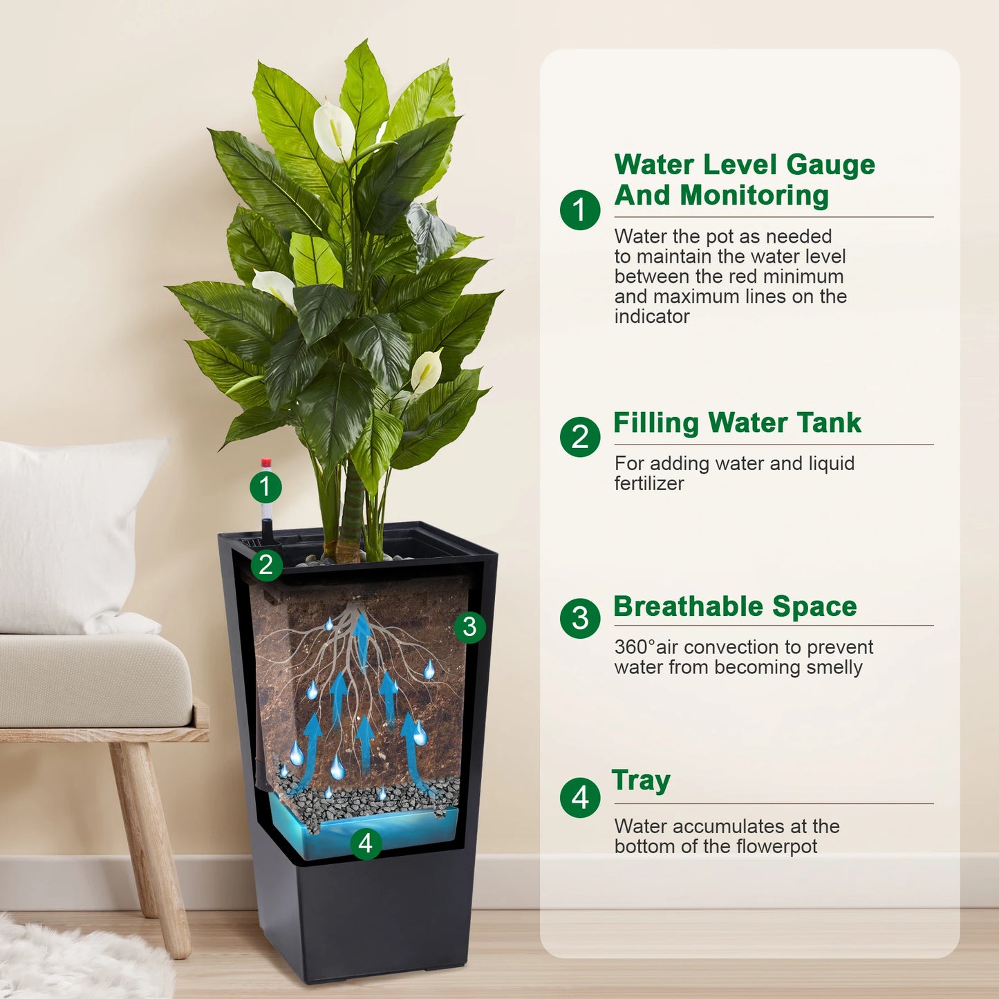 2pcs Planters Outdoor an Indoor High Planter Pots with Drainage Holes Auto Watering