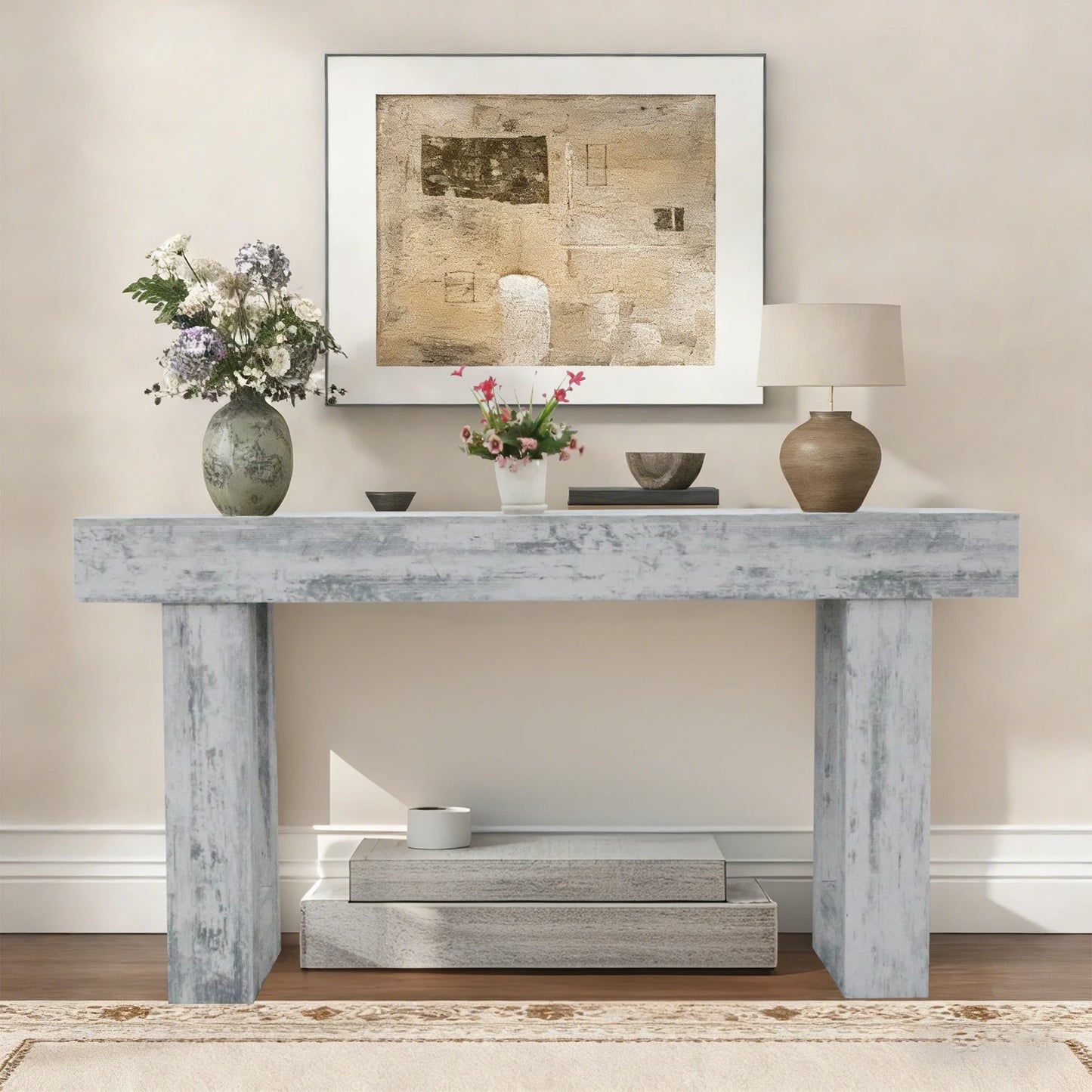 63-inch Modern Farmhouse Console Table and Scratch-Resistant Wooden Furniture