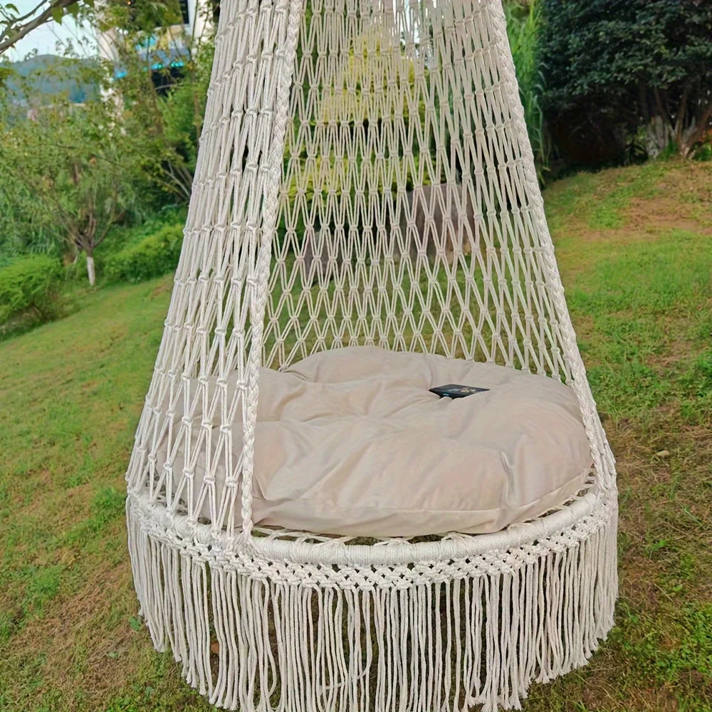 Handmade woven tassel hanging swing indoor or outdoor hammock does not include seat cushion