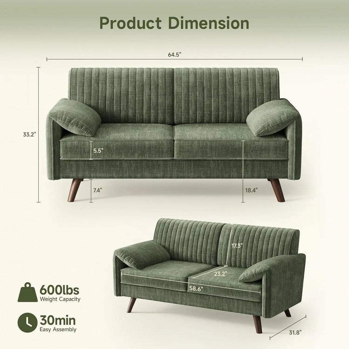 Modern Loveseat Sofa 64.5" for Small Space Living Room, Chenille Fabric 2-Seater Couch