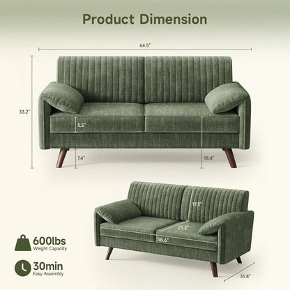 Modern Loveseat Sofa 64.5" for Small Space Living Room, Chenille Fabric 2-Seater Couch