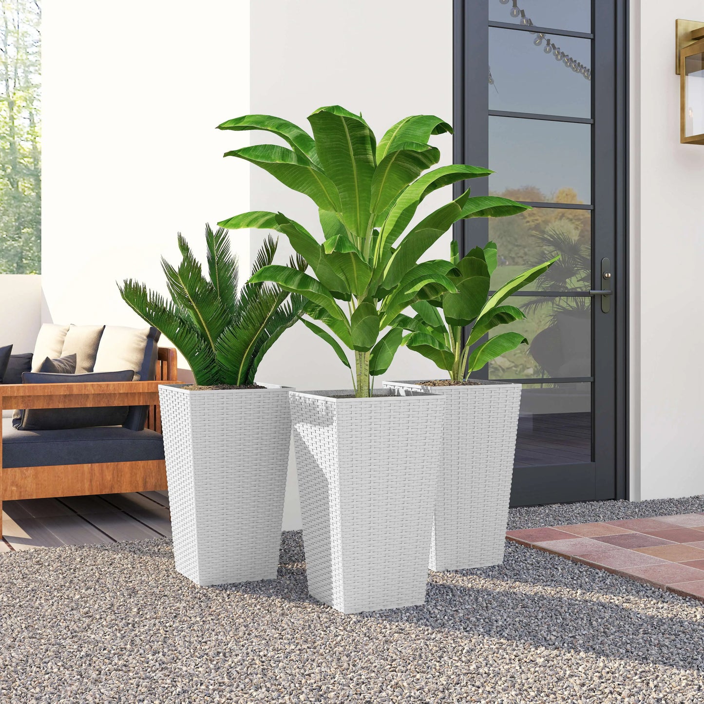 24 Inch Taper Planters with Drainage Holes, Rattan Decor Plant Pots, White