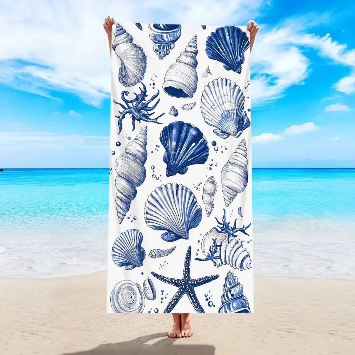 1pc ocean element beach towel, shell starfish printed large beach towel