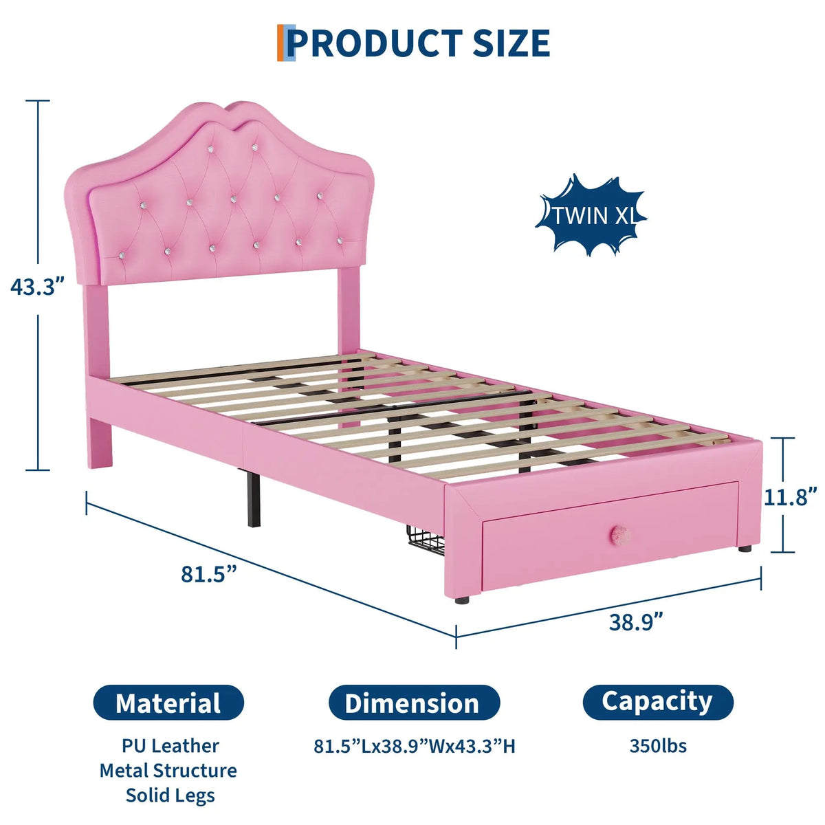 Twin XL Velvet Upholstered Platform Bed Frame With LED Headboard, Crystal Button Tufting, Storage Drawer,