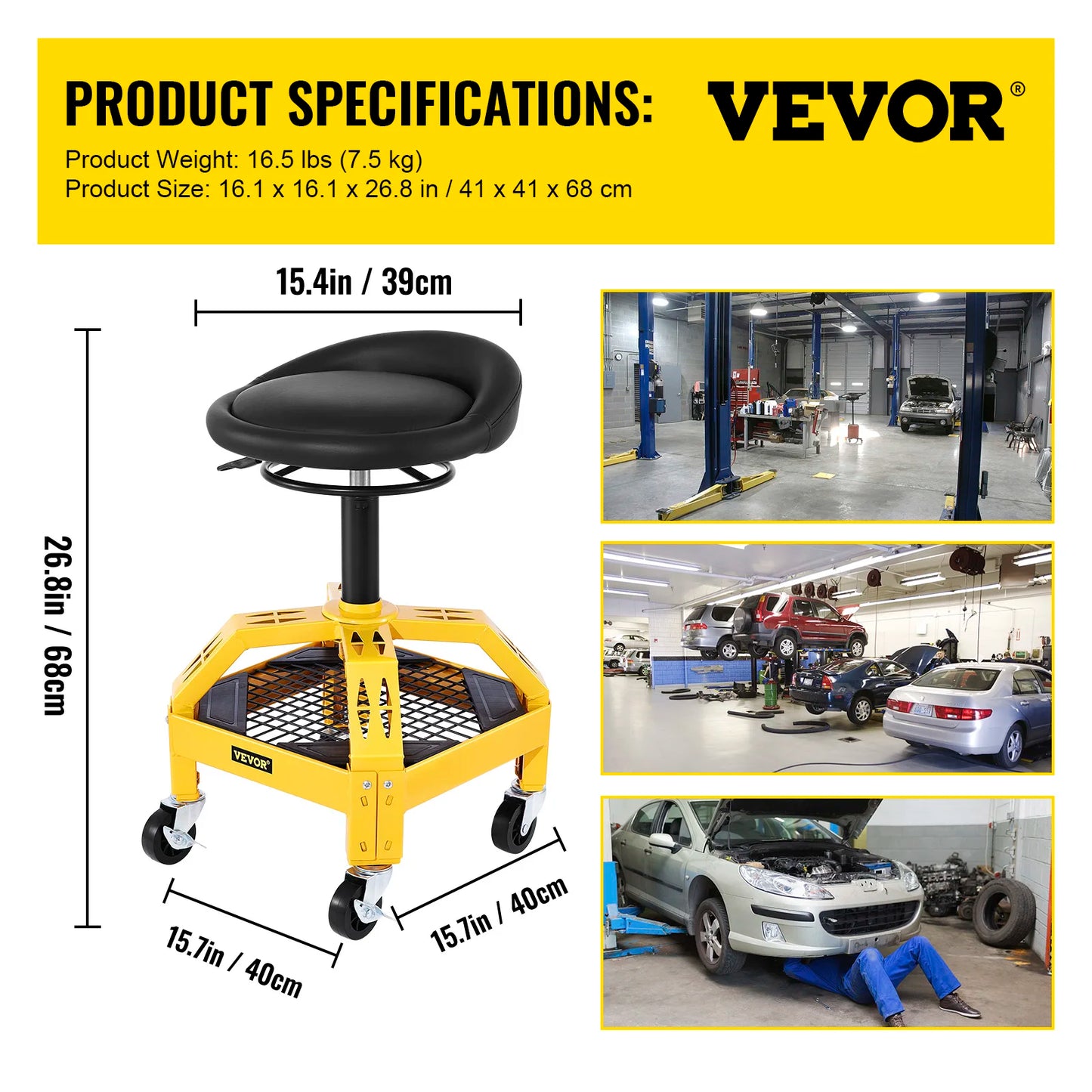 Rolling Creeper Seat Mechanic Stool Adjustable Swivel Chair with Tool Tray 300LBS