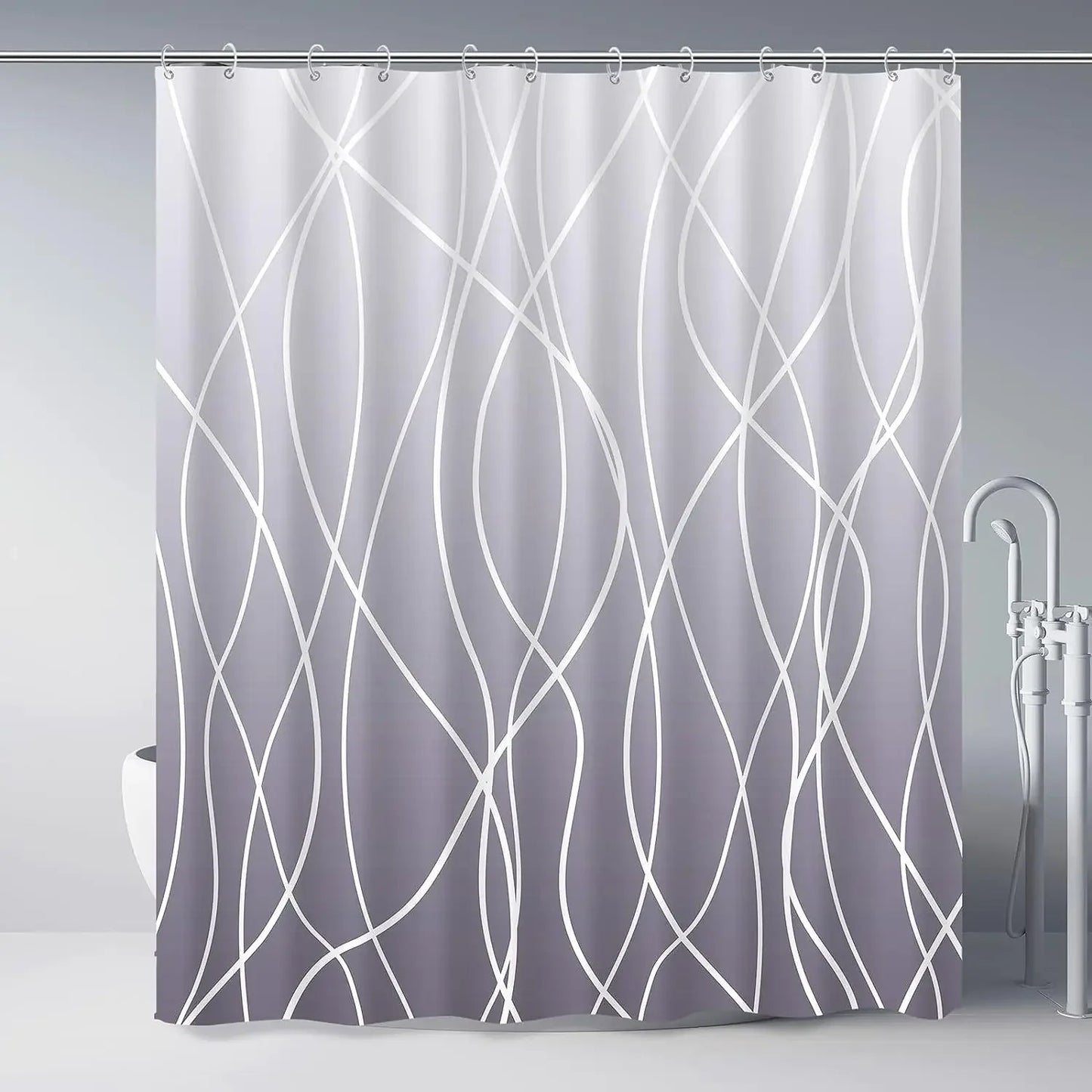 unframed Modern black and white striped corrugated fabric bathroom shower curtain.