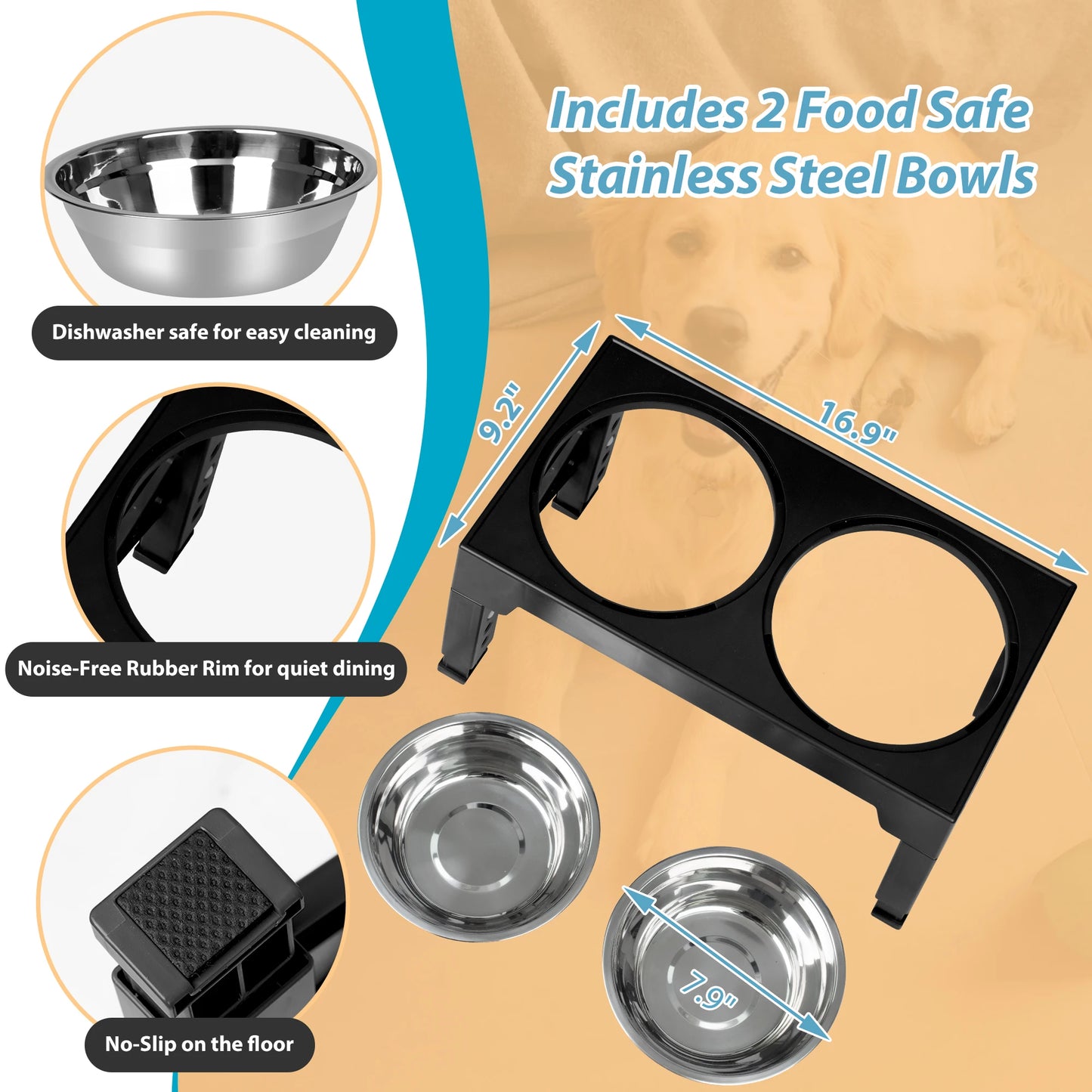 Elevated Dog Bowls with 2 Stainless Steel Dog Food Bowls, Raised Dog Bowl Adjusts to 5 Heights