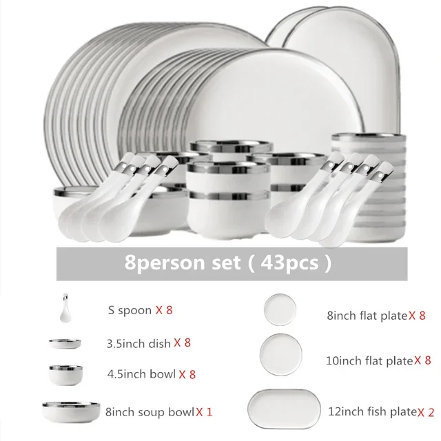 White Ceramic Plates With Silver Steak Serving Plate Bowls Ins Dinnerware set