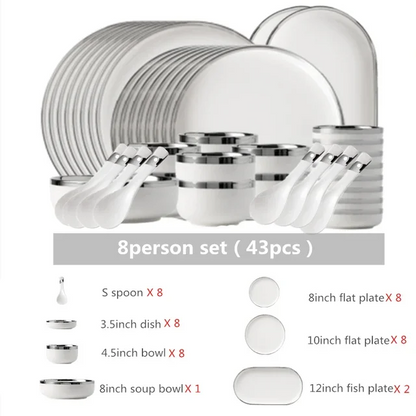 White Ceramic Plates With Silver Steak Serving Plate Bowls Ins Dinnerware set