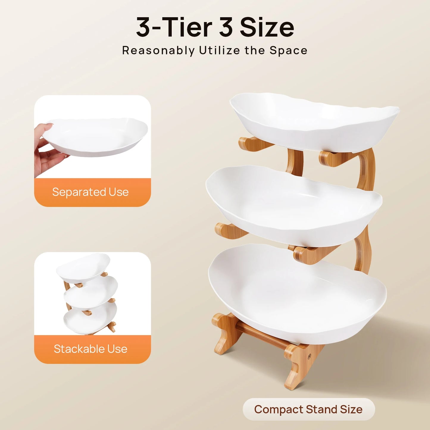 3-Tier Fruit Plate, Snack Dessert Cake for Party Wedding, Bowl W/ Bamboo Wood Stand