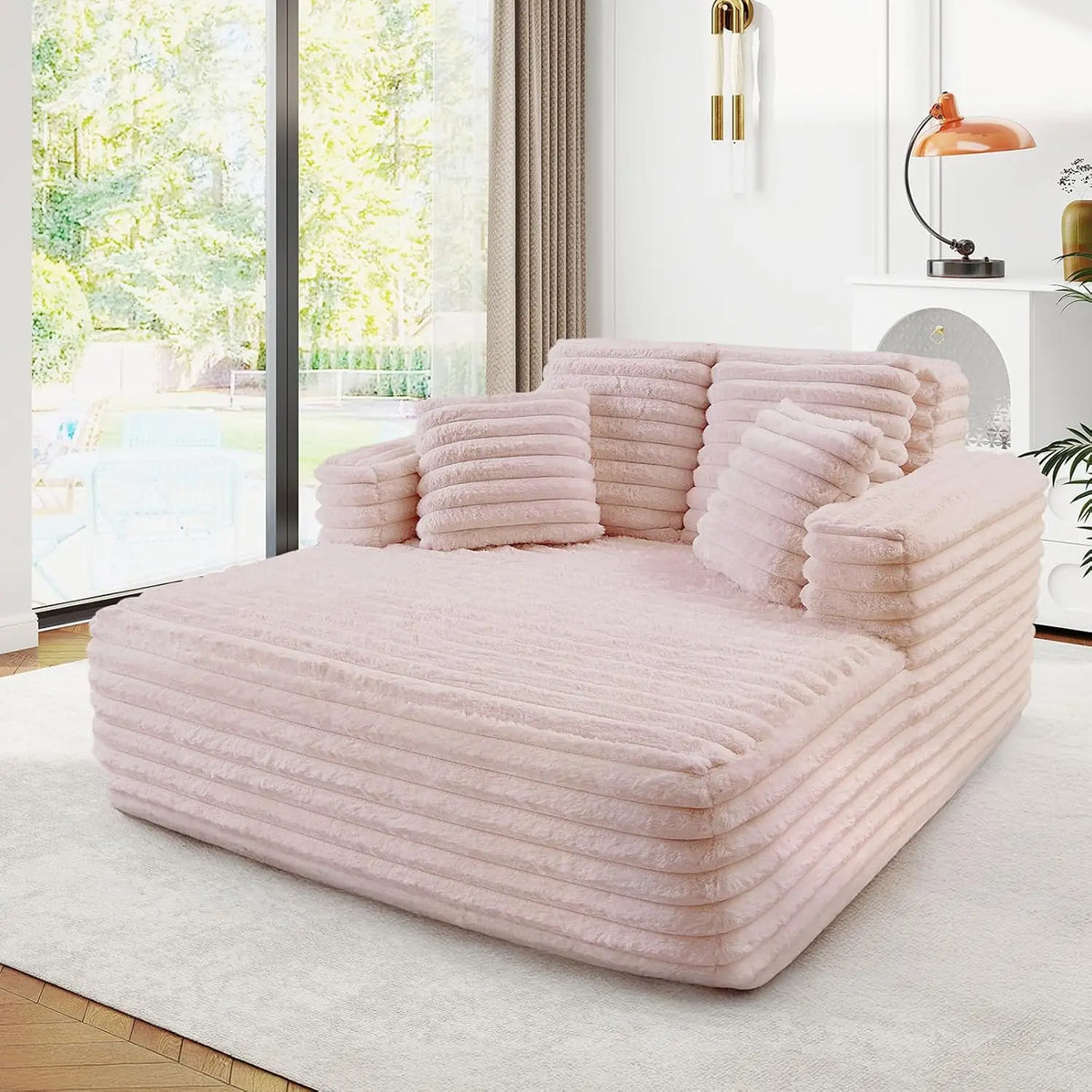 56" Oversized Chaise Lounge Plush Faux Fur Sleeper Sofa Couch Bed with Pillows