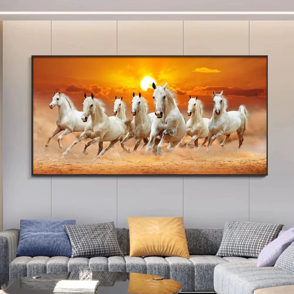 Modern Simple Wall Art 7 Running White Horses Sunset Scenery HD Canvas