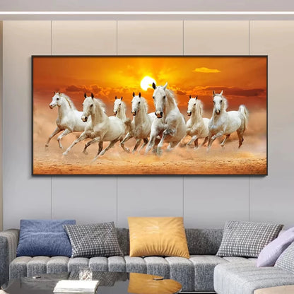 Modern Simple Wall Art 7 Running White Horses Sunset Scenery HD Canvas
