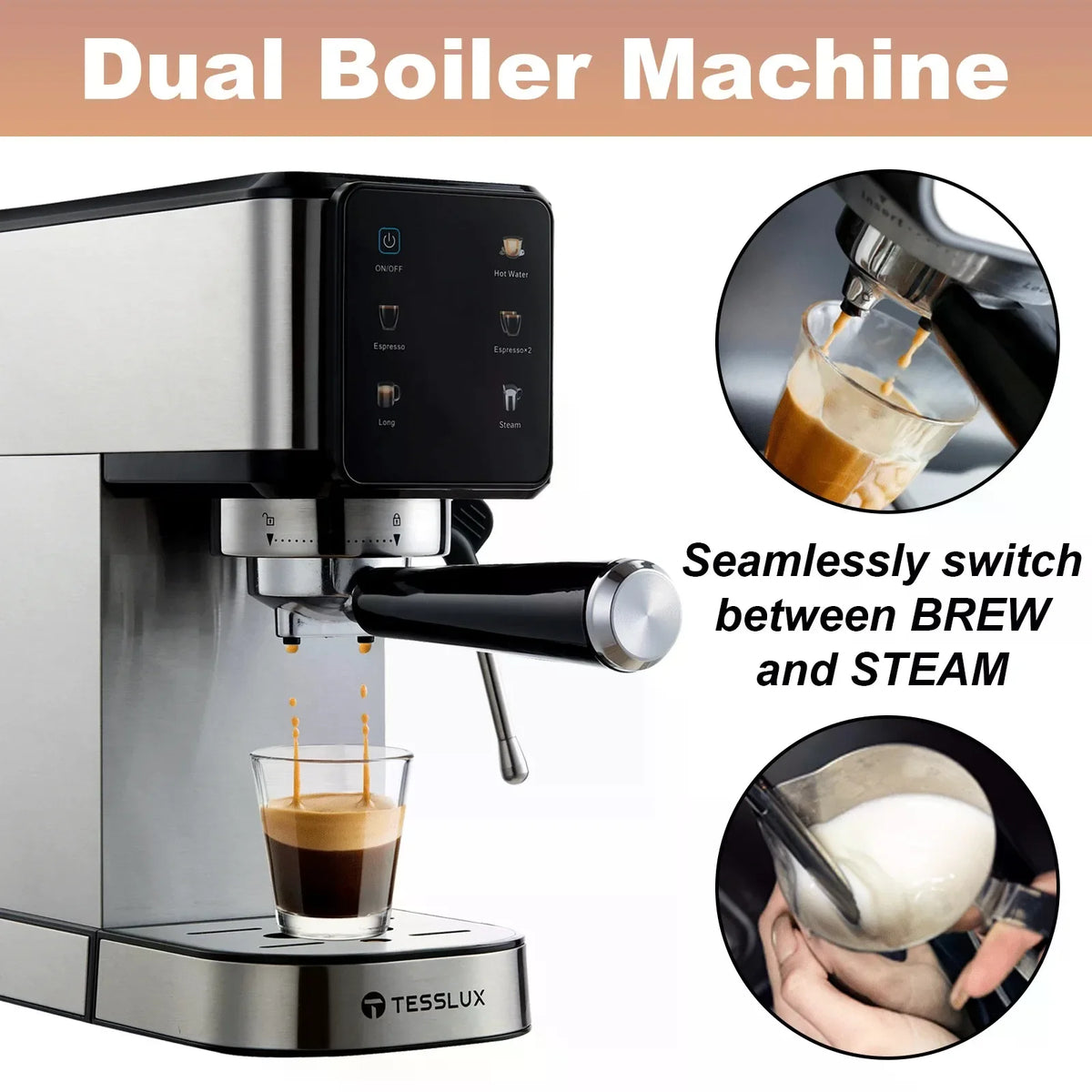 Espresso Machine with Dual Boiler, LCD Touch Control & Milk Frothier Compact Home Coffee Maker for Café Style Cappuccino & Latte,