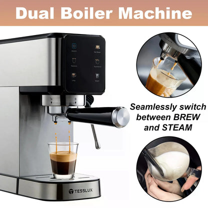 Espresso Machine with Dual Boiler, LCD Touch Control & Milk Frothier Compact Home Coffee Maker for Café Style Cappuccino & Latte,