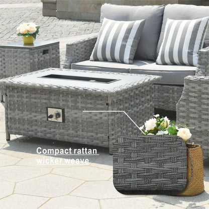 Outdoor wicker fire pit table with chairs: rattan material, weather-resistant and stylish