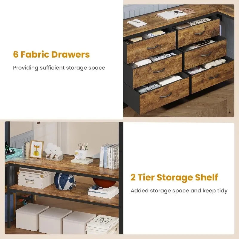 ADORNEVE Loft Bed Full Size with U-Shaped Desk, 6 Storage Drawers, Power Outlet, LED Metal with 2 Storage Shelves