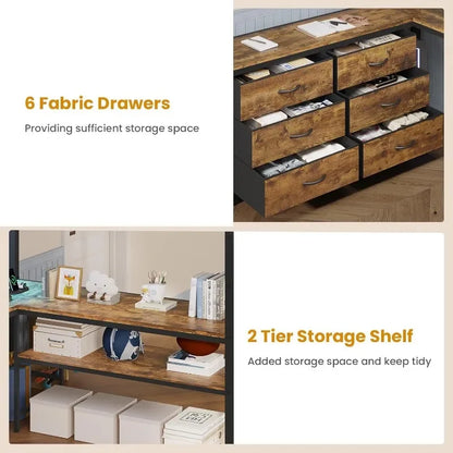 ADORNEVE Loft Bed Full Size with U-Shaped Desk, 6 Storage Drawers, Power Outlet, LED Metal with 2 Storage Shelves