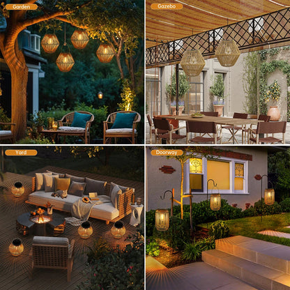 Solar Lights Outdoor Waterproof Boho Light for Outside Hanging Rattan Lantern Decoration for Garden Yard Patio