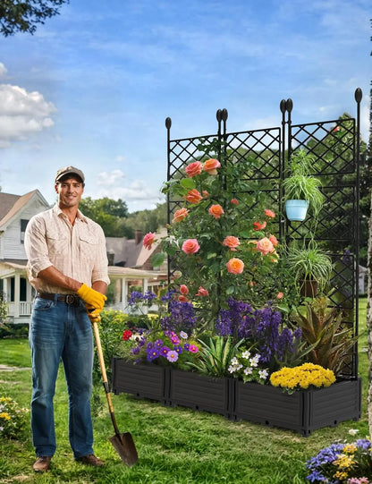 3Pcs Outdoor Raised Planter Box with Trellis Plastic Raised Garden Beds and Metal Trellis for Climbing Plants