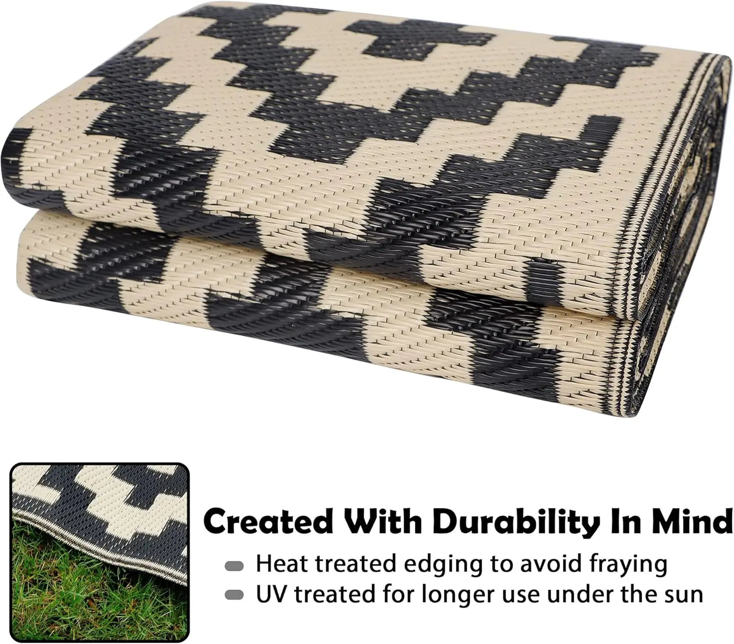 Waterproof Outdoor Rug 5x8 ft, Reversible Plastic Mat for Patio, Backyard, Beach, Camping in Black & Beige