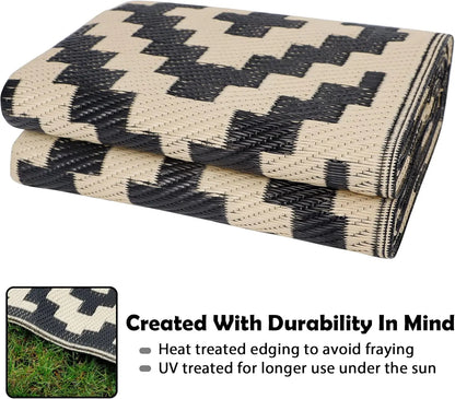 Waterproof Outdoor Rug 5x8 ft, Reversible Plastic Mat for Patio, Backyard, Beach, Camping in Black & Beige