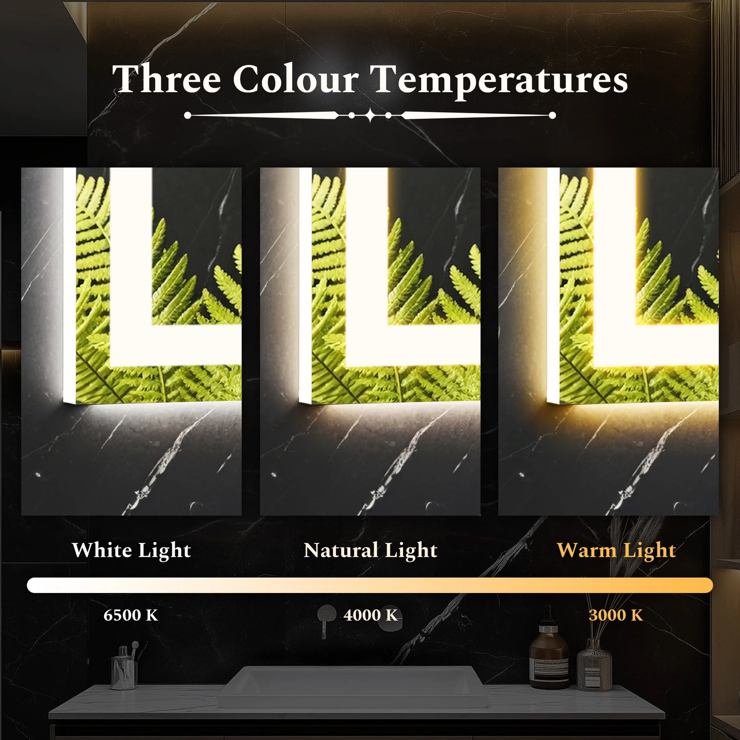 LED Bathroom Vanity Mirror for Wall Memory Function Tempered Glass with 3 Color Temperatures Front Light