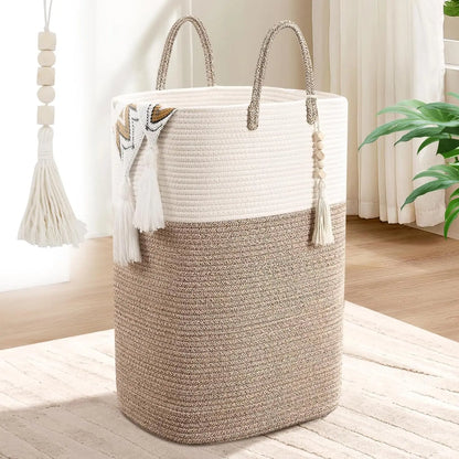 Woven Laundry Basket with Bead Tassel, Large Rectangle Hamper for Clothes, Nursery Storage