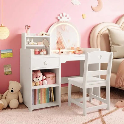 2 in 1 Princess Makeup Vanity Desk & Chair Set with Open Bookshelf for Girls