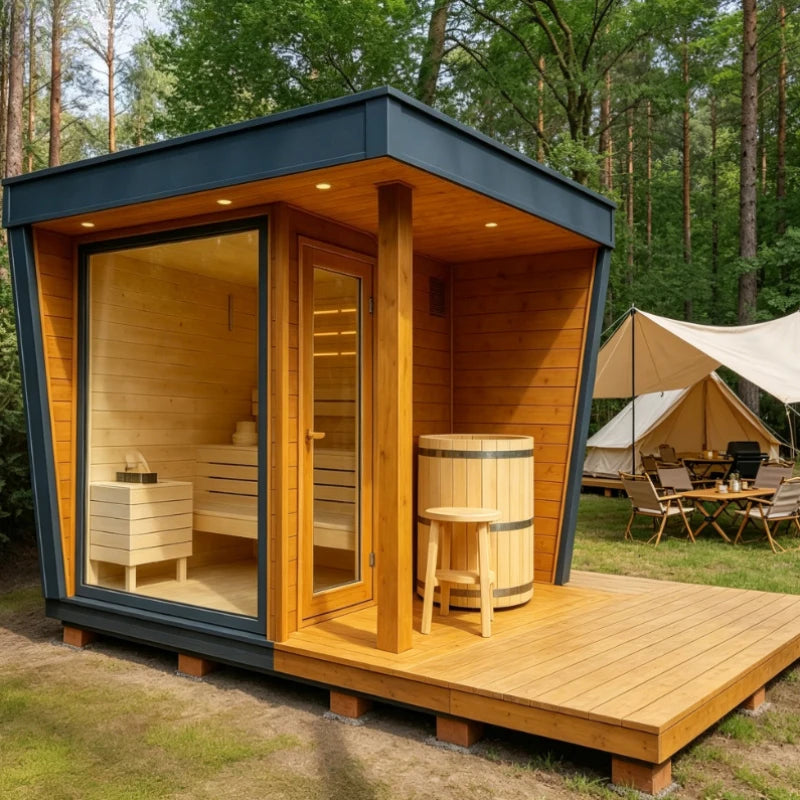 Outdoor Square Traditional Sauna Room Steam Hot Tub Combo