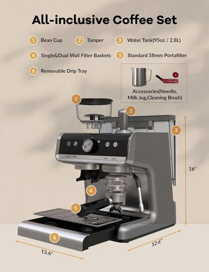 Semi-Automatic Espresso Maker with Grinder for Latte Cappuccino