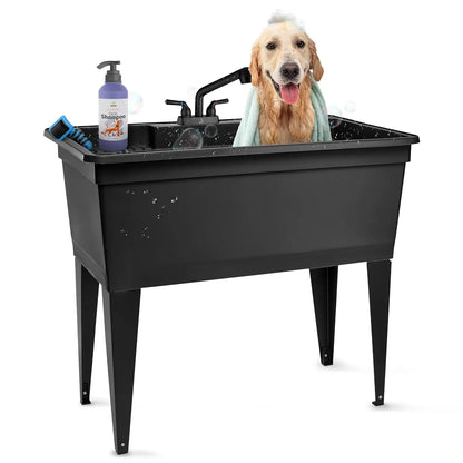 Freestanding Double-Wide Utility Sink with Steel Legs & Black Pull-Out Faucet, Multi-Purpose Heavy-Duty