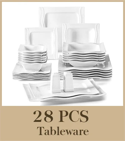 Square Dinnerware Sets 28 Piece White Porcelain Plates and Bowls Set Salt Pepper Pot Salad Pasta Bowls Dinner Set