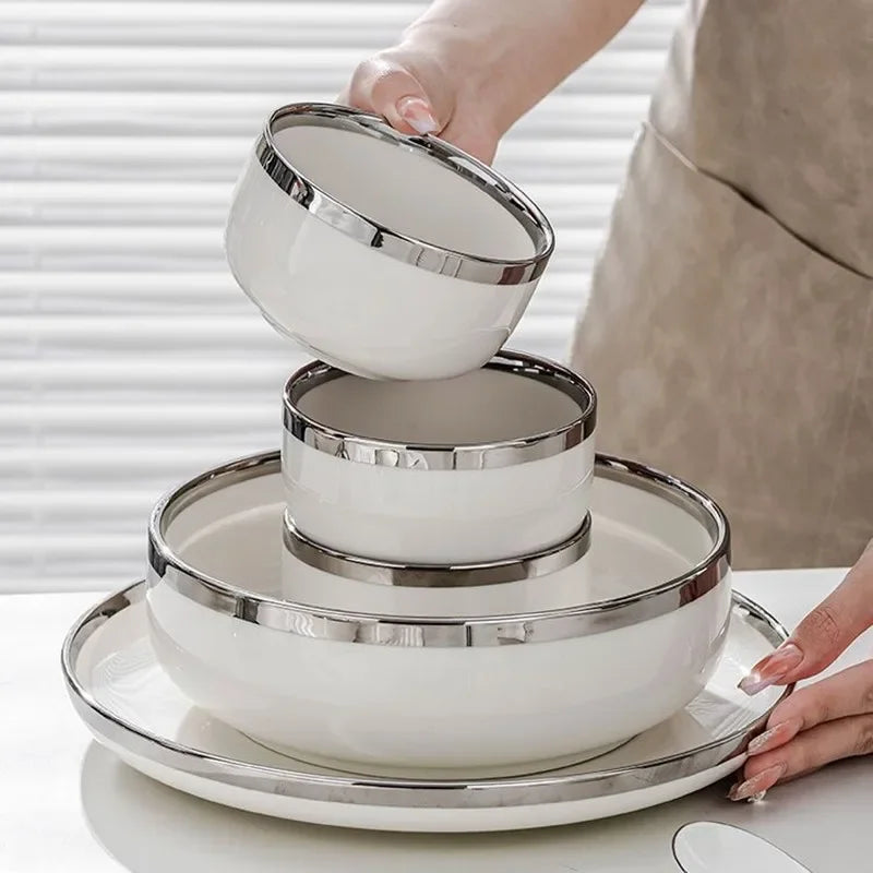 White Ceramic Plates With Silver Steak Serving Plate Bowls Ins Dinnerware set