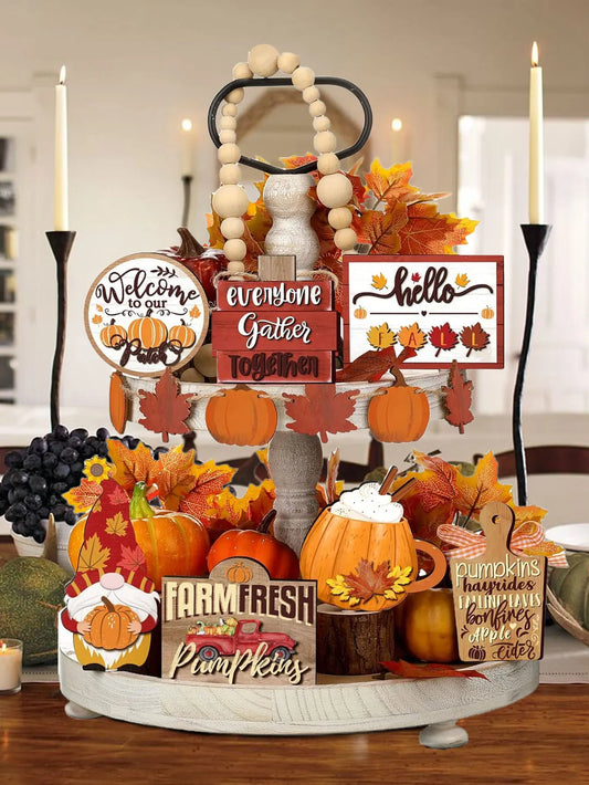 Fall Harvest Wooden Tiered Tray Decor Set