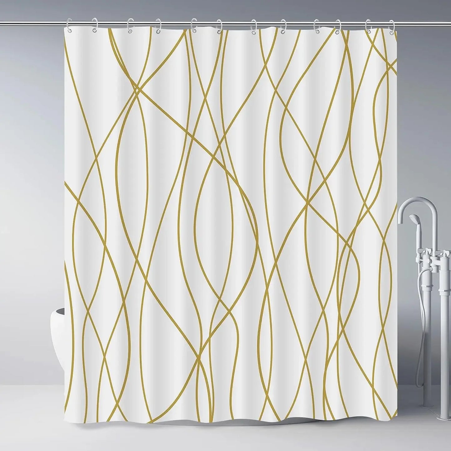 unframed Modern black and white striped corrugated fabric bathroom shower curtain.