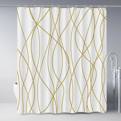 unframed Modern black and white striped corrugated fabric bathroom shower curtain.