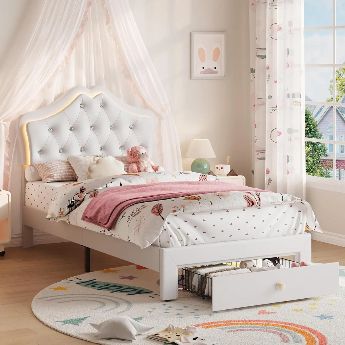 Twin XL Velvet Upholstered Platform Bed Frame With LED Headboard, Crystal Button Tufting, Storage Drawer,
