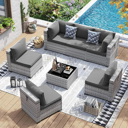 7 Pieces PE Wicker Sectional Sofa with Tea Table, Outdoor Conversation Set for Patio
