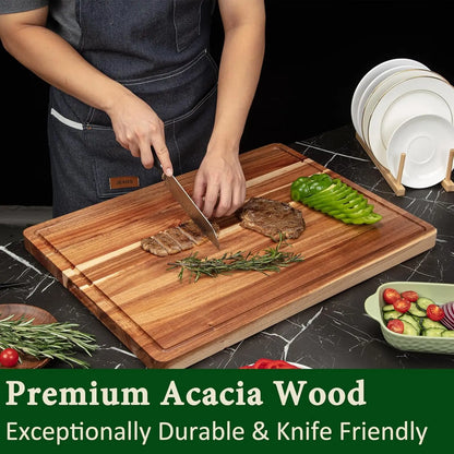 Extra Large Acacia Wood Cutting Board Thick Butcher Block Chopping Board with Side Handles