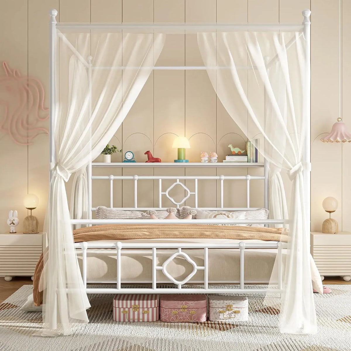 Canopy Bed Frame with Storage Headboard Metal Platform Bed