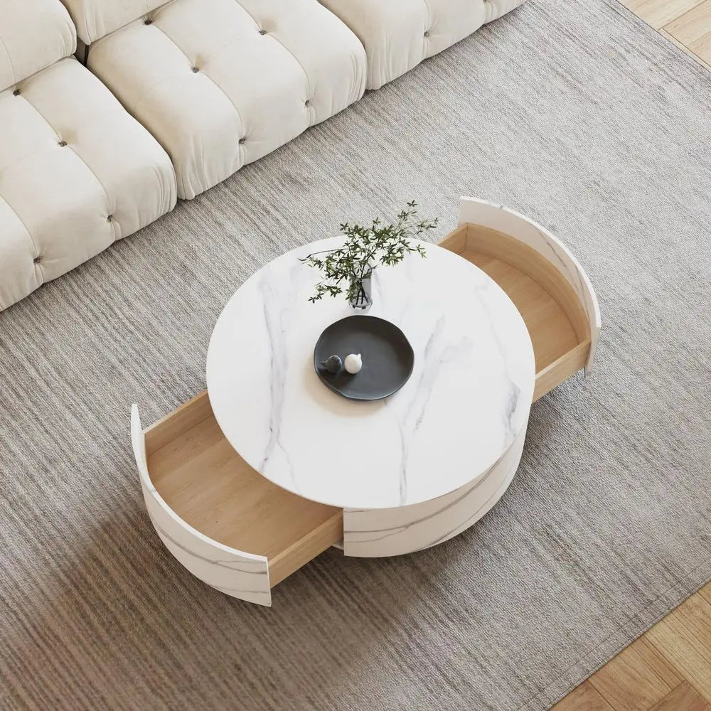 Round Coffee Table with 2 Drawers, Sintered Stone Tabletop and Golden Base, Center Table