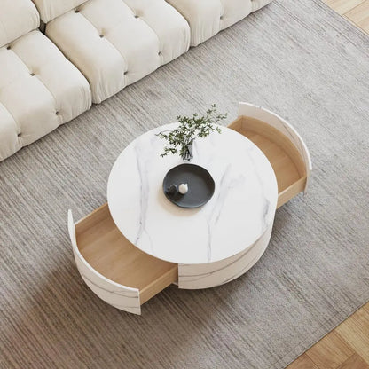 Round Coffee Table with 2 Drawers, Sintered Stone Tabletop and Golden Base, Center Table