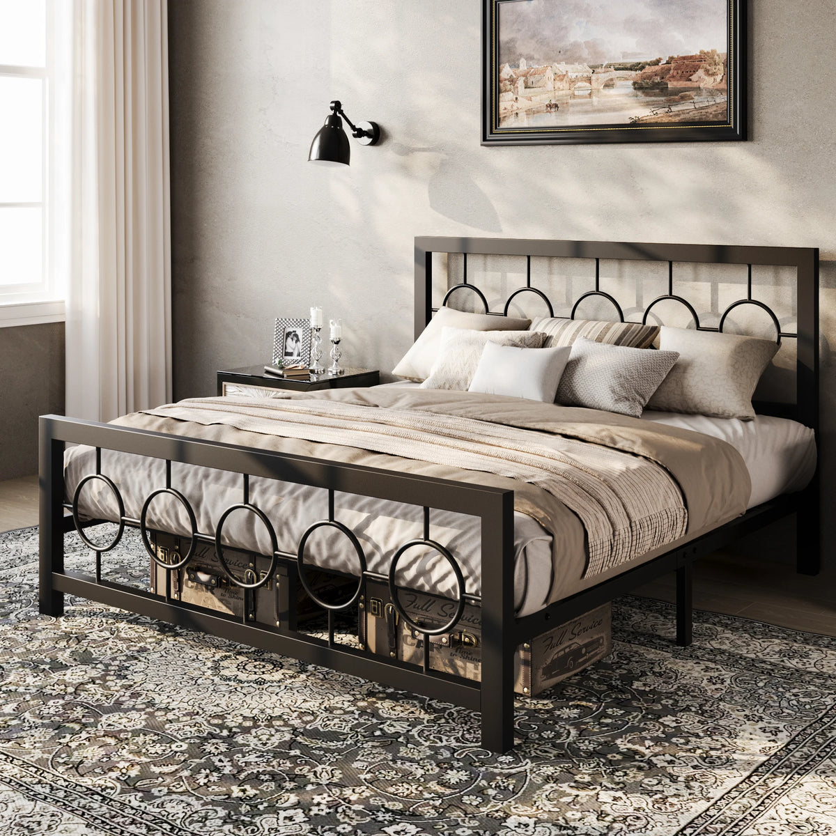 Metal Platform Bed Frame with Vintage Circular Design Headboard and Footboard,